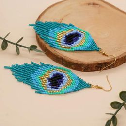 Dangle Earrings Beaded Devil's Eye Rhomboid Design Originality Hand Knitting Bohemia Alloy Tide Simple Tassel Rice Bead