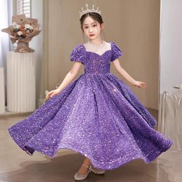 Luxurious Purple Flower Girl Dress Shiny Blingbling Long Pearls Beaded Appqulies Ball Gown Princess Frist Holy Communion Party Prom Wears 403