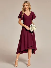 Party Dresses Elegant Evening V-Neck High Low CHiffon Ruffles Knee-Length 2023 Of BAZIIINGAAA Hidden Zipper Burgundy Bridesmaid Dress