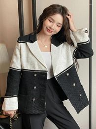 Women's Jackets Autumn Black White Color Contrast Tweed Jacket Coat Women Elegant Notched Long Sleeve Ladies Office Small Fragrant Wind