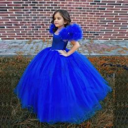 Girl Dresses Blue Flower For Wedding Tulle Puffy Princess Floor Length Kids Birthday Party Pageant First Communion Ball Gowns