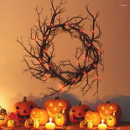 Decorative Flowers 43cm Halloween Black Twig Wreath With Red LED Light Front Door Hanging Wreathes Festivals Party Decor Home Window