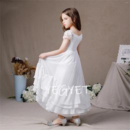 Girl Dresses White Chiffon First Communion Simple Cap Sleeve Ruffles Junior Bridesmaid Gown Concert Birthday Party Pageant