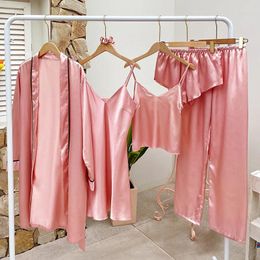 Women's Sleepwear Cami Shorts Cosmetic Top With Print Robe 5pcs Floral Dress Satin Bag
