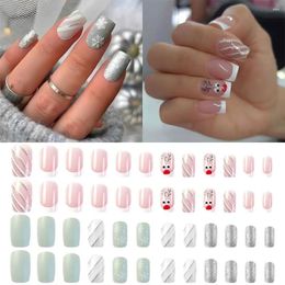 False Nails Wearable Manicure Christmas French Fake Detachable Full Cover Square Head Nail Tips Girl