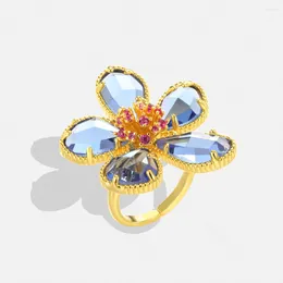 Cluster Rings Fashion Zircon For Women Sweet Cherry Blossom Flower Adjustable Open Female Princess Wedding Banquet Jewelry Gifts