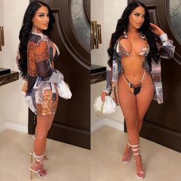 Women's Tracksuits EWSFV 2023 Spring And Summer Women Fashion Sexy Lapel Long Sleeved Printed Shirt Swimsuit 3 Piece Set