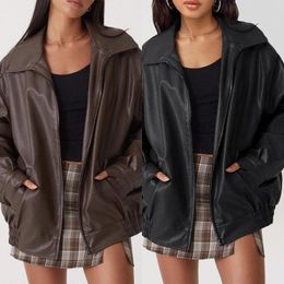 Women's Leather Women Faux Jacket Casual Motorcycle Fashion Long Sleeve Coat Lapel Zipper Vintage Streetwear