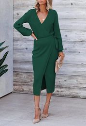 Casual Dresses Autumn Winter Knitted Dress For Women Solid Colour Long Sleeved Leace-up V-neck Bodycon Elegant Vestidos