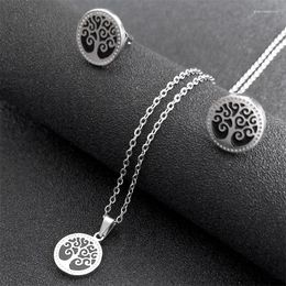 Necklace Earrings Set Classic Tree Of Life Pendant Stud Earring For Women Stainless Steel Sliver Colour Fashion Chain SXS07