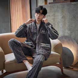 Men's Sleepwear Men Warm Flannel Autumn Winter Pajamas Zipper Long-sleeved Trousers Two-piece Set Loose Suit Pijama Masculino