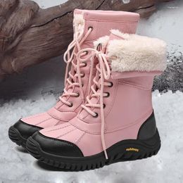 Boots CRLAYDK Women's Snow Waterproof Warm Fur Lined Mid Calf Winter Hiking Non Slip Shoes Patchwork Insulated Furry Booties