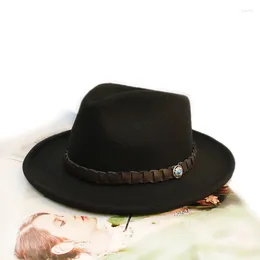 Berets Little Warping Edge Wide Brim Coffee Leather Turquoise Band Women Female Wool Felt Cap Fedora Panama Jazz Bowler Hat 57cm