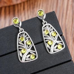 Dangle Earrings Vintage Silver Colour Metal Carving Branch Drop For Women Fashion Round Inlaid Olive Green Crystal Zircon Earring