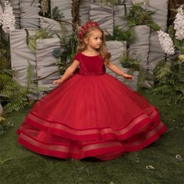 Girl Dresses Tulle Princess Flower Wedding Red Backless Ruffles With Bow Birthday Party Ball Gowns First Communion