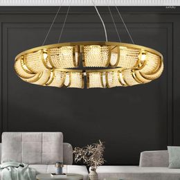 Pendant Lamps All Copper Crystal American Modern Round Lights Fixture European Luxury Hanging Lamp Home Indoor Lighting