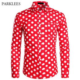 Red Mens Polka Dot Shirt Casual Button Up Dress Shirts Men Chemise Homme Party Club Male Shirts Garden Point Camisas Masculina X12271K