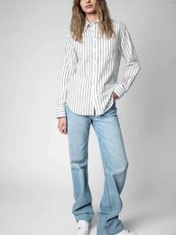 Women's Blouses Women Letter Print Rhinestone Blouse Stripes Long Sleeve Turn-down Collar Single Breasted Female Cotton Shirt