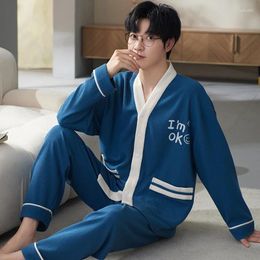 Men's Sleepwear Pyjamas Spring And Autumn Cotton Long Sleeved Pants 2023 Loose Plus Size Western Home Furnishing V Neck Japanese Wind