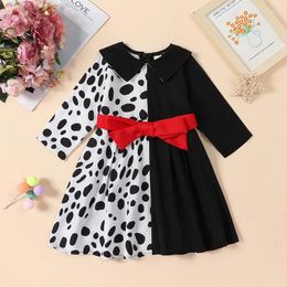 Girl Dresses CitgeeAutumn Halloween Kids Toddler Costume Dress Spot Print Patchwork Long Sleeve Collar A-Line Belt Clothes