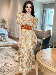 Basic Casual Women Dresses Summer French Vintage Holiday Long Dress Woman Chiffon Flowers Bubble Sleeves Fishtail Robe Female Party Gown Vacation Vestidos 2024