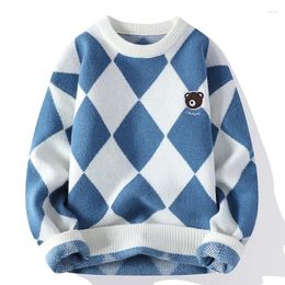 Men's Sweaters Fall Winter Men Loose-Fitting Casual Round-Neck Color Classic Plaid Sweater Fashion Knitwear Bear Green Year T-shirt Man