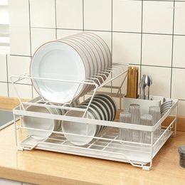 Kitchen Storage Dish Drainer 2-Tier Strainer Holder Tray Accessories Glasses Drying Rack With Chopstick Cage