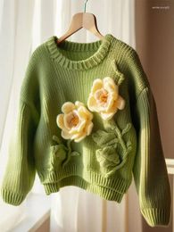 Women's Sweaters Knitwear Pullovers Female Autumn And Winter High Quality Beautiful Heavy Industry Green Flower Sweater Women Coat