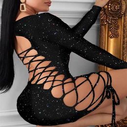 Sexy Glitter Lace-Up Sequins Dress Bodycon Dress plus size women clothing225o