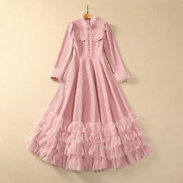 2023 Autumn Pink Solid Colour Panelled Knitted Tulle Dress Long Sleeve Stand Neck Buttons Single-Breasted Long Maxi Casual Dresses S3O261026