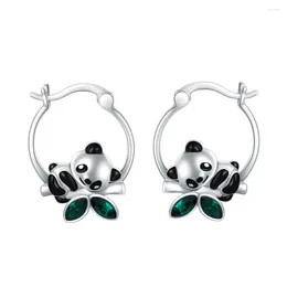 Stud Earrings Panda Enamel Hoop Inlaid With Emeralds Bamboo Cute Trendy Animal Silver Plated Jewellery For Girl Woman Gift