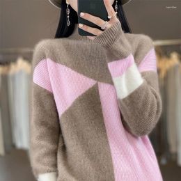 Women's Sweaters Merino Wool 2023 Autumn And Winter Knitting Half High Neck Pullover Fashion Korea Contrast Cashmere Sweater Jacket