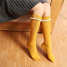 Women Socks Spring And Autumn Cotton Lace Buttons High Tube Knee College Style Stockings Wholesale 3pair/lot