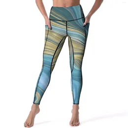 Active Pants Marble Print Yoga Women Gold And Blue Leggings Push Up Funny Legging Elastic Graphic Gym Sport