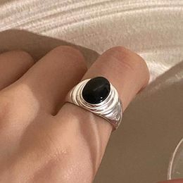 Cluster Rings 925 Sterling Silver For Women Simple Minimalist Black Stone Open Finger Ring Fashion Band Female Bijoux Birthday Gift