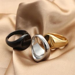 Cluster Rings Round Band Flat Top Men's Women's Signet Ring Gold Colour Stainless Steel Vintage Rustic Female Jewellery