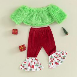 Clothing Sets Kid Girls Pants Set Short Sleeve Off-shoulder Furry Tops With Patchwork Flare Christmas Outfit