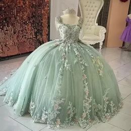 Princess Quinceanera Dresses Sage Lace Floral Appliques Gorgeous Prom Sweet 16 Dress For Girls Party Beaded Sweetheart Neck Plus Size Formal Gowns