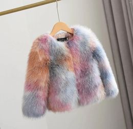 Jackets Winter Kids Girls Faux Fur Jacket Baby Patchwork Fleece Coat Elegant Toddler Short Fashion Clothes Thick Warm Coats