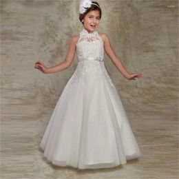 Girl Dresses Simple Lace Tulle Flower Dress For Wedding White Sleeveless Crystal Sequin Ball Gown First Communion Birthday Party Wear