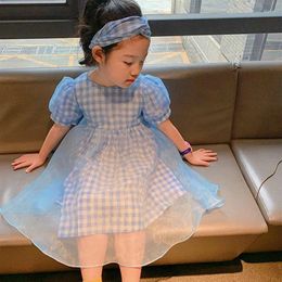 Girl Dresses Children Clothing 2023 Girls Light Blue Plaid Gauze Hazy Princess Dress