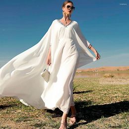 Ethnic Clothing White Muslim Evening Dresses 2023 V-neck Caped Crystals Chiffon Dubai Kaftan Saudi Arabic Formal Gown Long Prom Dress