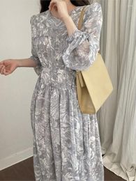 Casual Dresses Spring Autumn Korean O Neck Printed Long Dress For Women Sleeve Lace Up Vestidos Elegant Fashion Robe