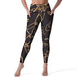 Active Pants Golden Chain Leggings Vintage Rings Fitness Gym Yoga Push Up Retro Sports Tights Pockets Stretch Custom Legging