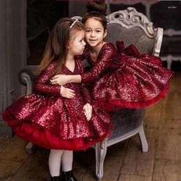 Girl Dresses Burgundy Puffy Toddler Flower Long Princess Communion Birthday Skirt Pageant Robe De Demoiselle 3M-14 Years