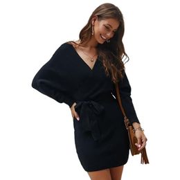 2021 Designer Womens Dresses Women Batwing Long Sleeve Sexy V-Neck Backless Solid Belted Wrap Sweater Dress308l