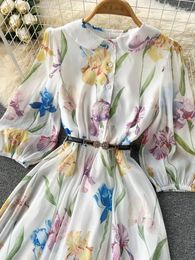 Casual Dresses 2023 Pan Collar Puff Sleeves Silk Chiffon Dress Women Floral Print Single Breasted High Waist Sashes Beach Maxi Vestido
