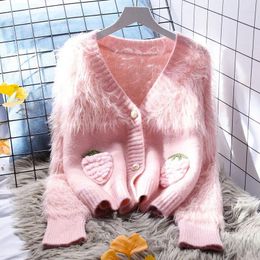 Women's Sweaters Korejepo Strawberry Pocket Sweater Coat Loose V-Neck Autumn Winter Clothes Japanese Sweetheart Overlay Knit Cardigan