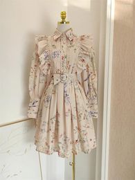 Casual Dresses Autumn 2023 Fashion Women Stand Long Lantern Sleeve Flower Print Belt Button Folds Edible Tree Mini