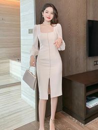 Basic Casual Women Dresses Fashion Midi Dresses for Women French Style Sheer Mesh Backless Mini Dress Office Clothes Single Breasted Split Vestidos 2024